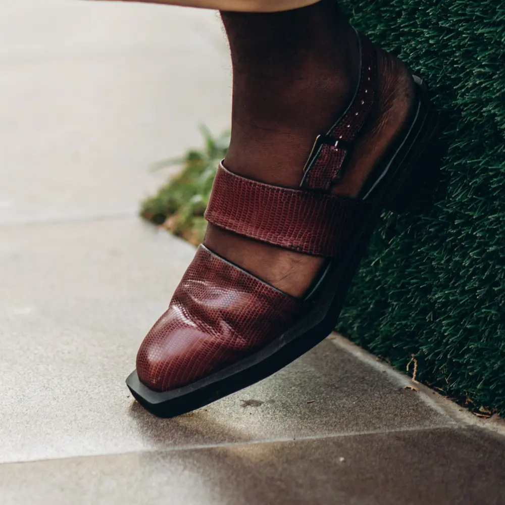 Maroon Peshawari chappal, close up