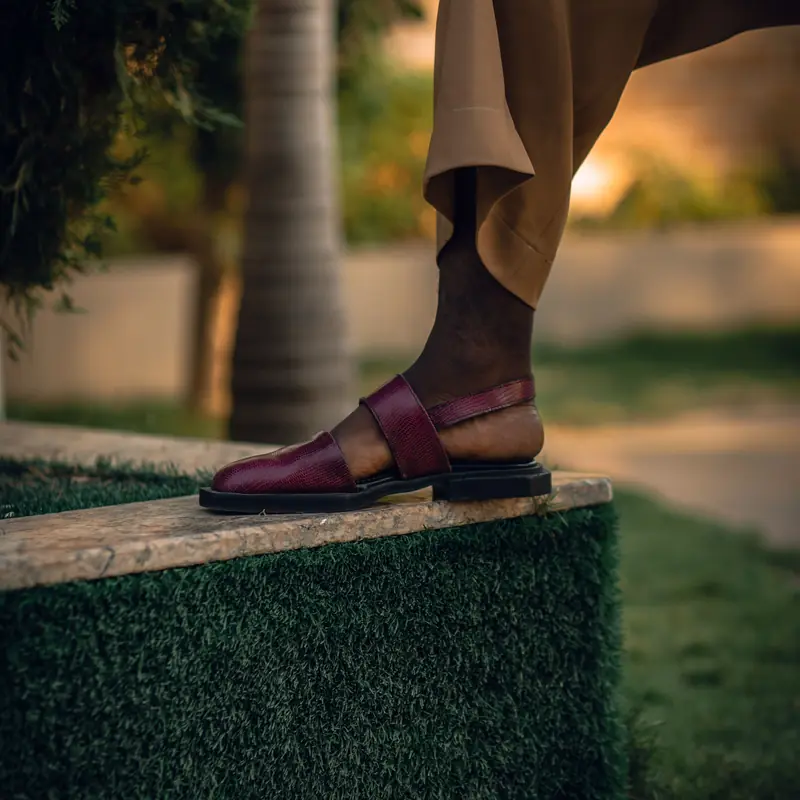 A maroon Peshawari chappal resting on a garden step