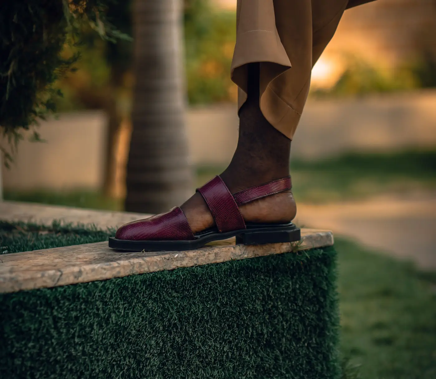 A maroon Peshawari chappal resting on a garden step